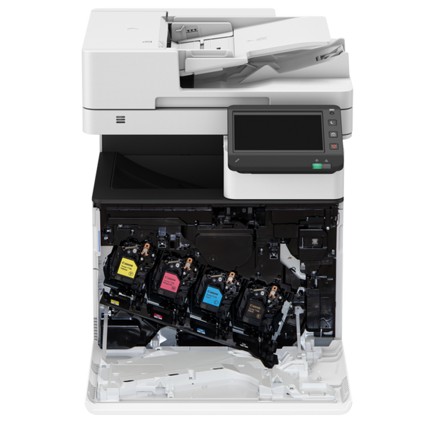 Vier kleuren toners in een geopende Canon i-SENSYS MF842Cdw printer